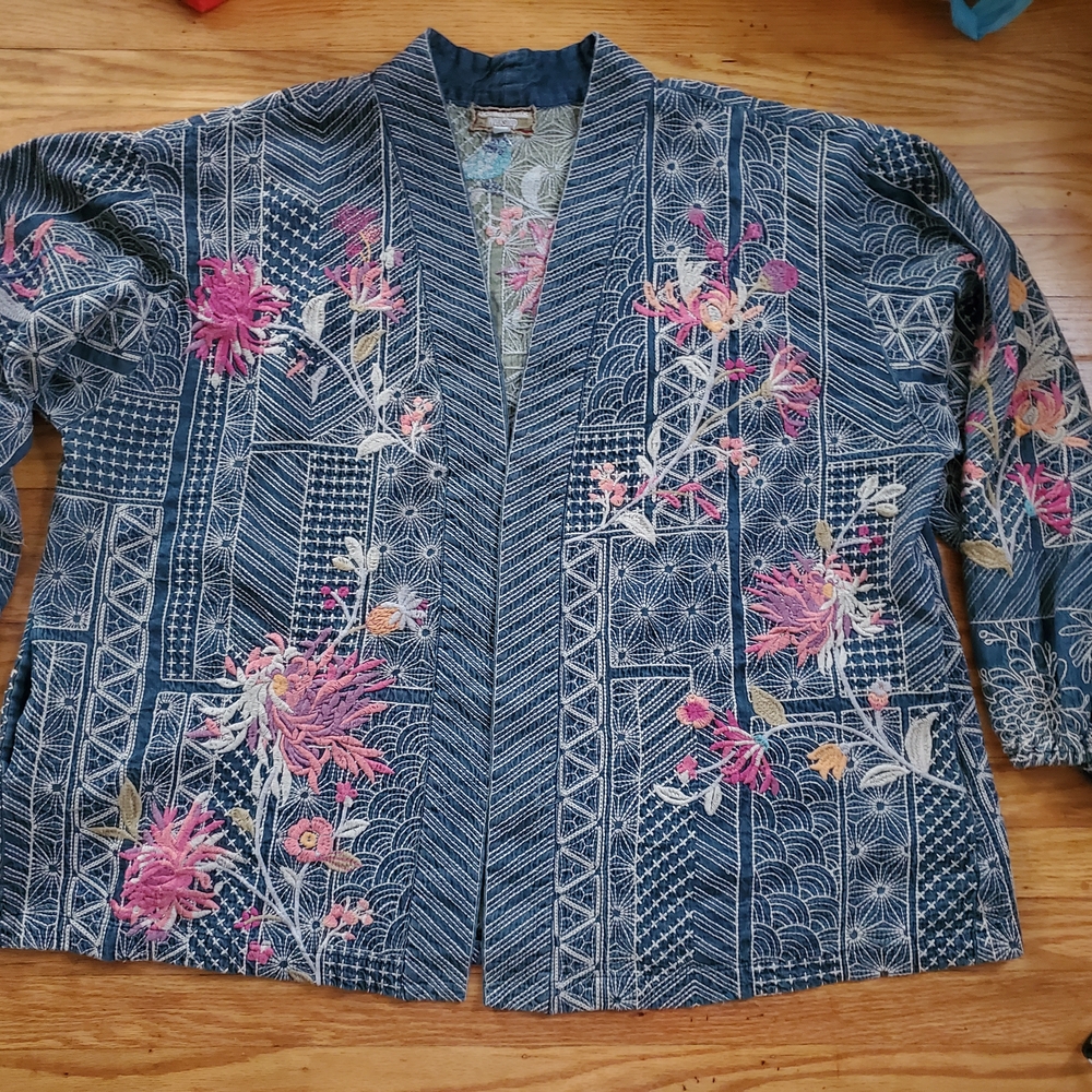 Johnny Was Cimono,blazer open Jacket Blue Floral Embroidered   Womens Sz 3X